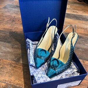 Sarah Flint Perfect Sabrina sling 85- Teal Deco Jacquard size 39.5 worn once